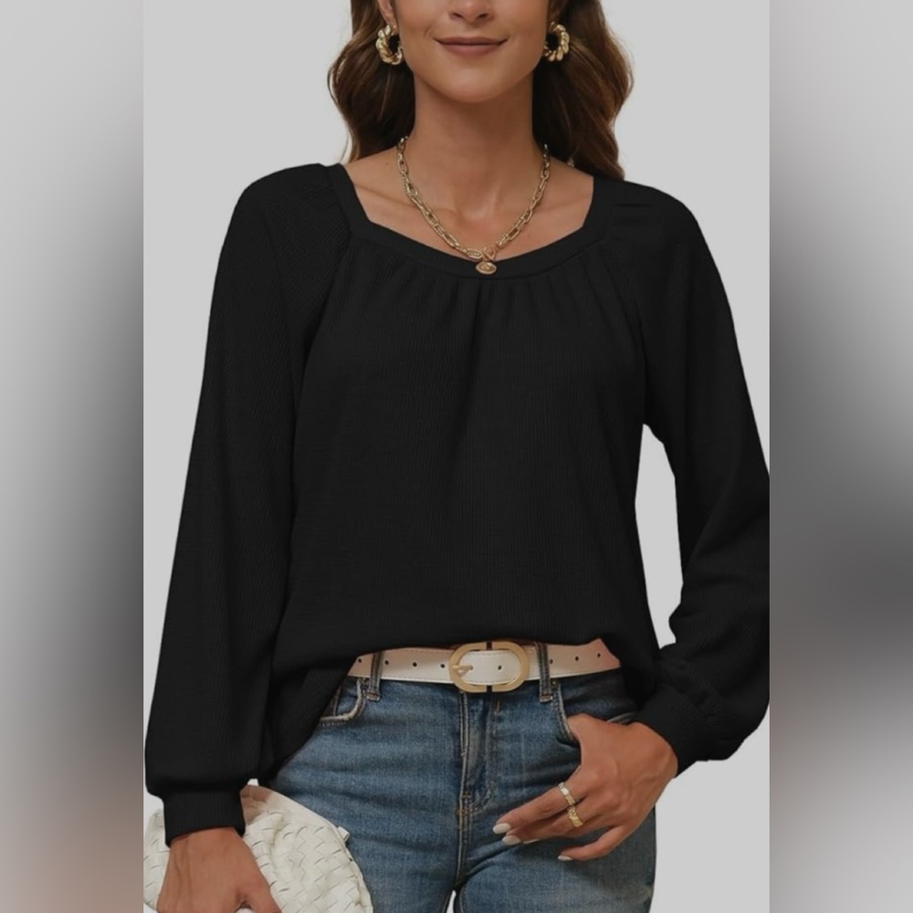 NWOT Fessceruna Tunic Top Square Neck Loose Fit Long Sleeve Solid Casual Blouse